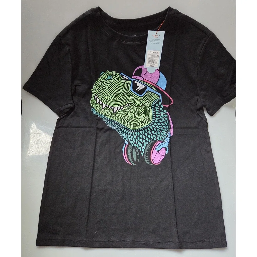Cat & Jack Black Short Sleeve Soft Cotton  Dinosaur Graphic T-Shirt‎ L (10-12)